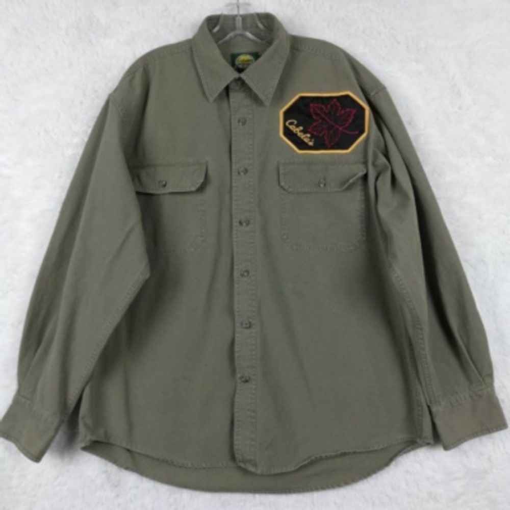 Cabelas Shirt Mens Button Up Olive Green Long Sleeve Camp Pockets Patch Front L